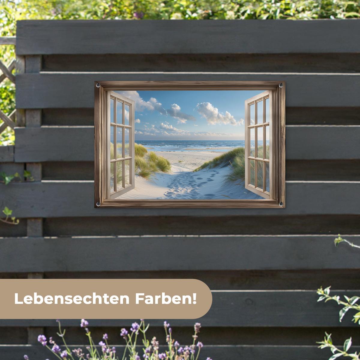 GARTENPOSTER Aussicht - Strand - Fenster - Dünen - Meer Gartendeko 90x60 cm - Hellblau, Kunststoff (90/60/0.2cm) - OnlyWow