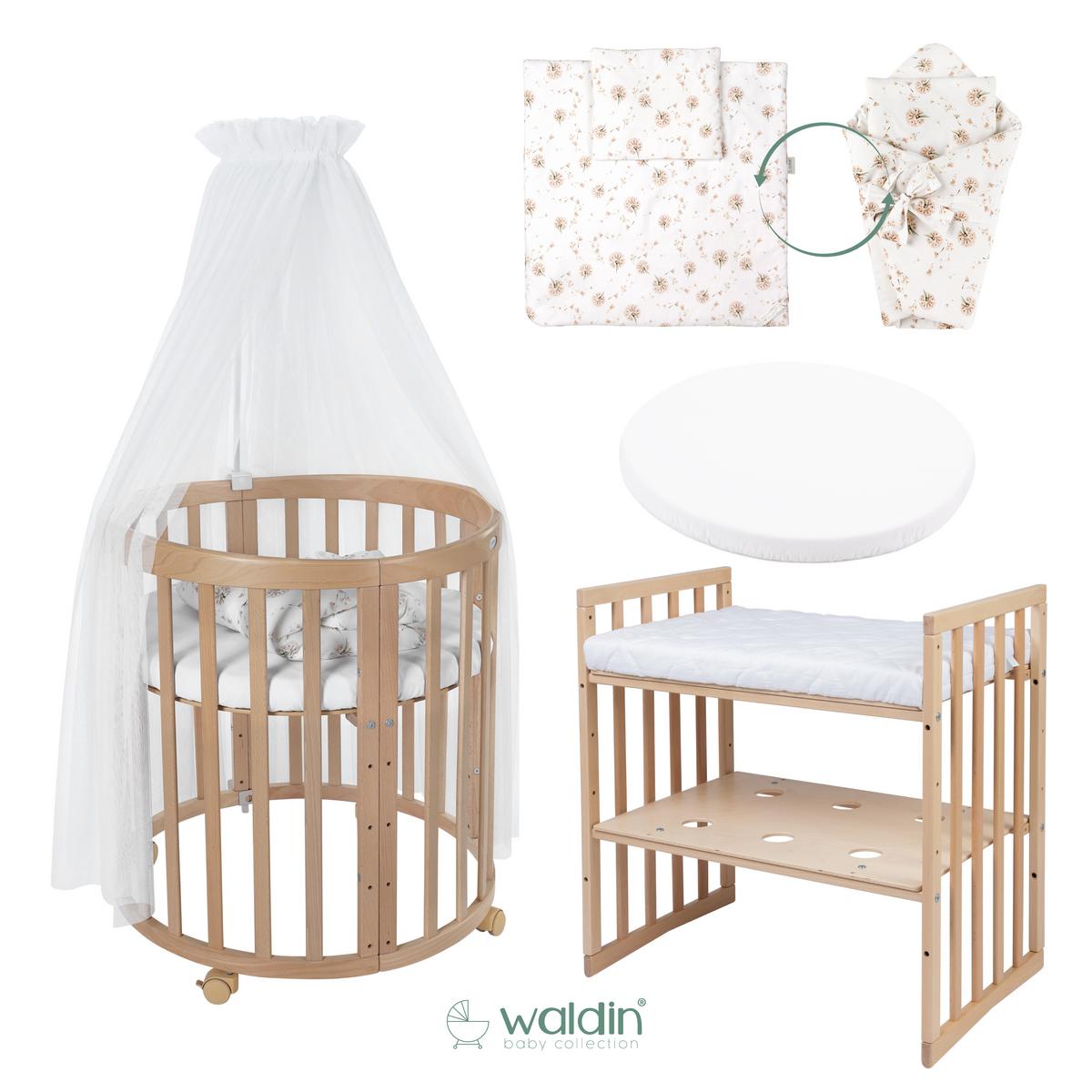 BABYBETT NATUR OVAL 7in1 mit Matratze und Himmelset - Naturfarben/Weiß, Holz/Textil (73/125cm) - waldin