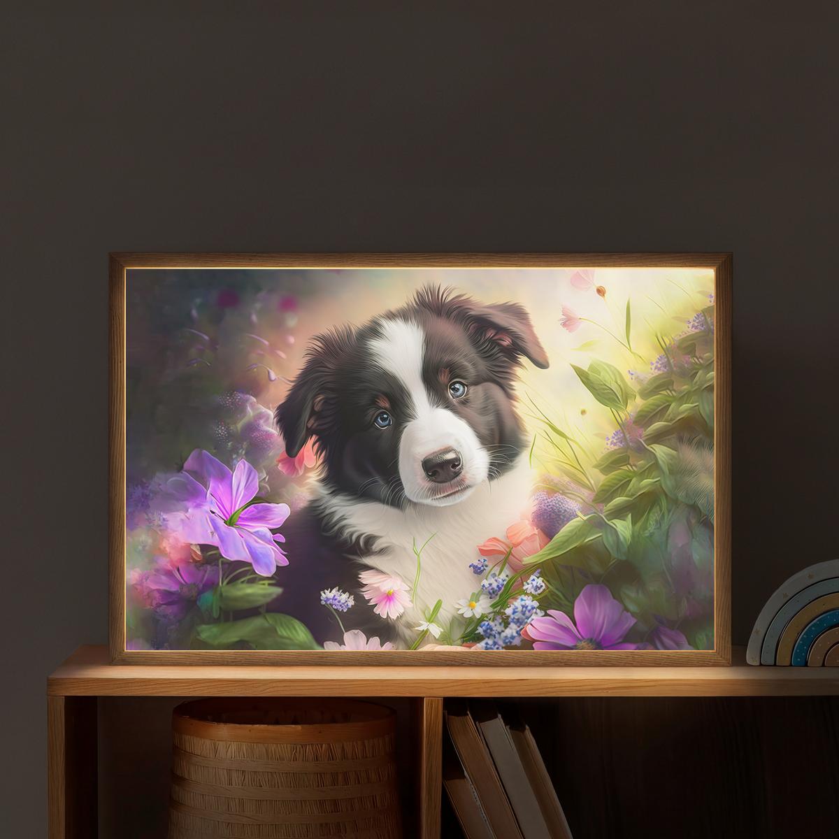 NACHTTISCHLAMPE MIT AKKU Welpe - Sonne - Blumen - Natur - Border Collie - Hund 60x40 cm - Violett, Holzwerkstoff (8/60/40cm) - OnlyWow