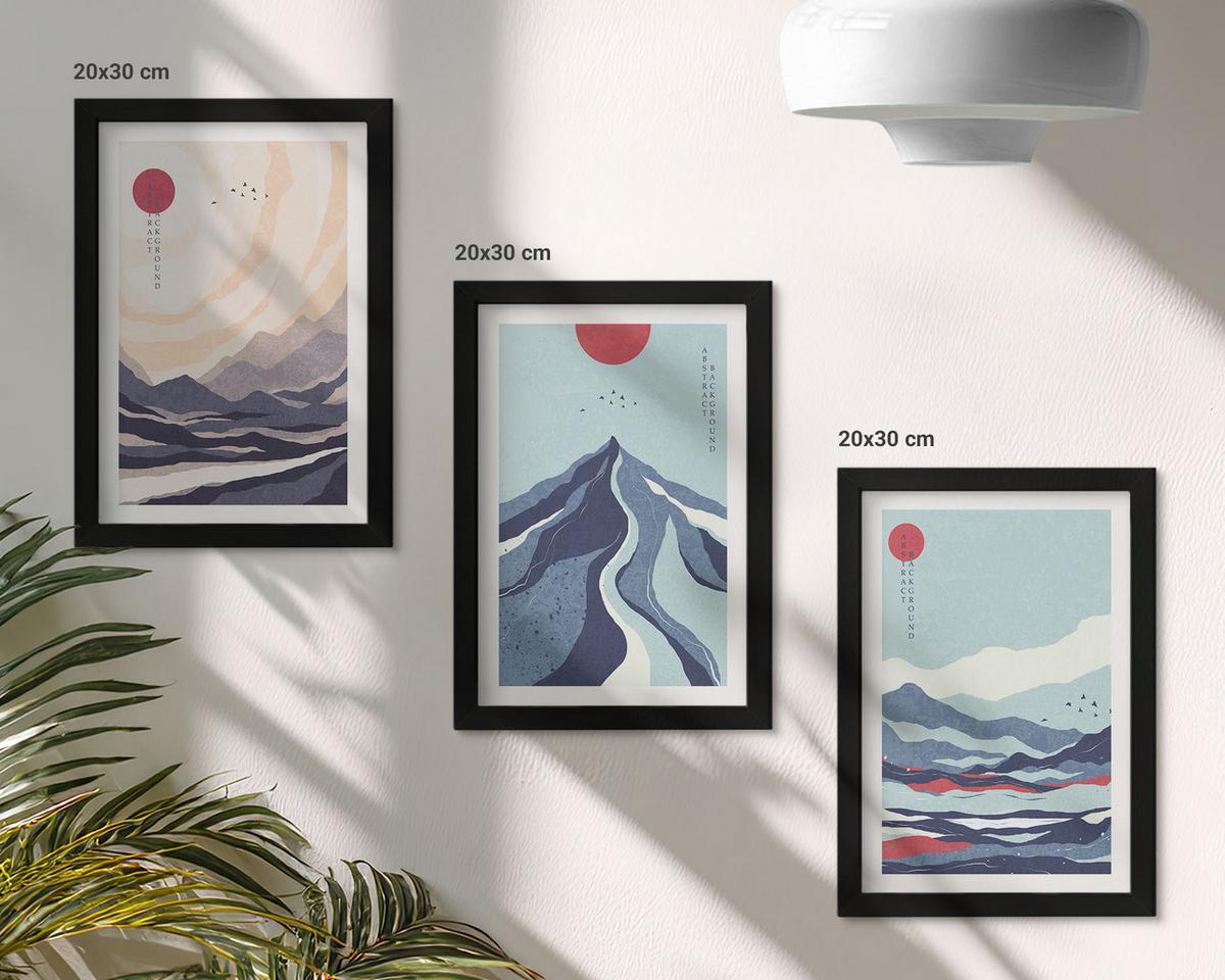 BILDER SET 3er Set - 20x30 cm Schwarzer Rahmen - Abstrakte japanische Berge - Schwarz, Kunststoff (20/30cm) - TULUP