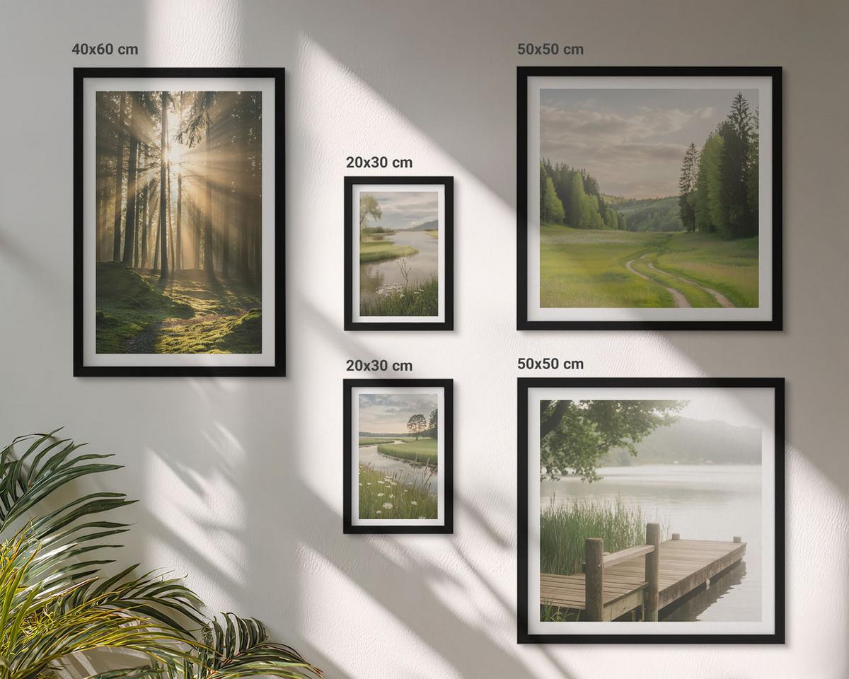 BILDER SET 5er Set - 50x50 cm & 20x30 cm & 40x60 cm Schwarzer Rahmen - Frühlingslandschaft Flusswiese - Schwarz, Kunststoff (40/60cm) - TULUP