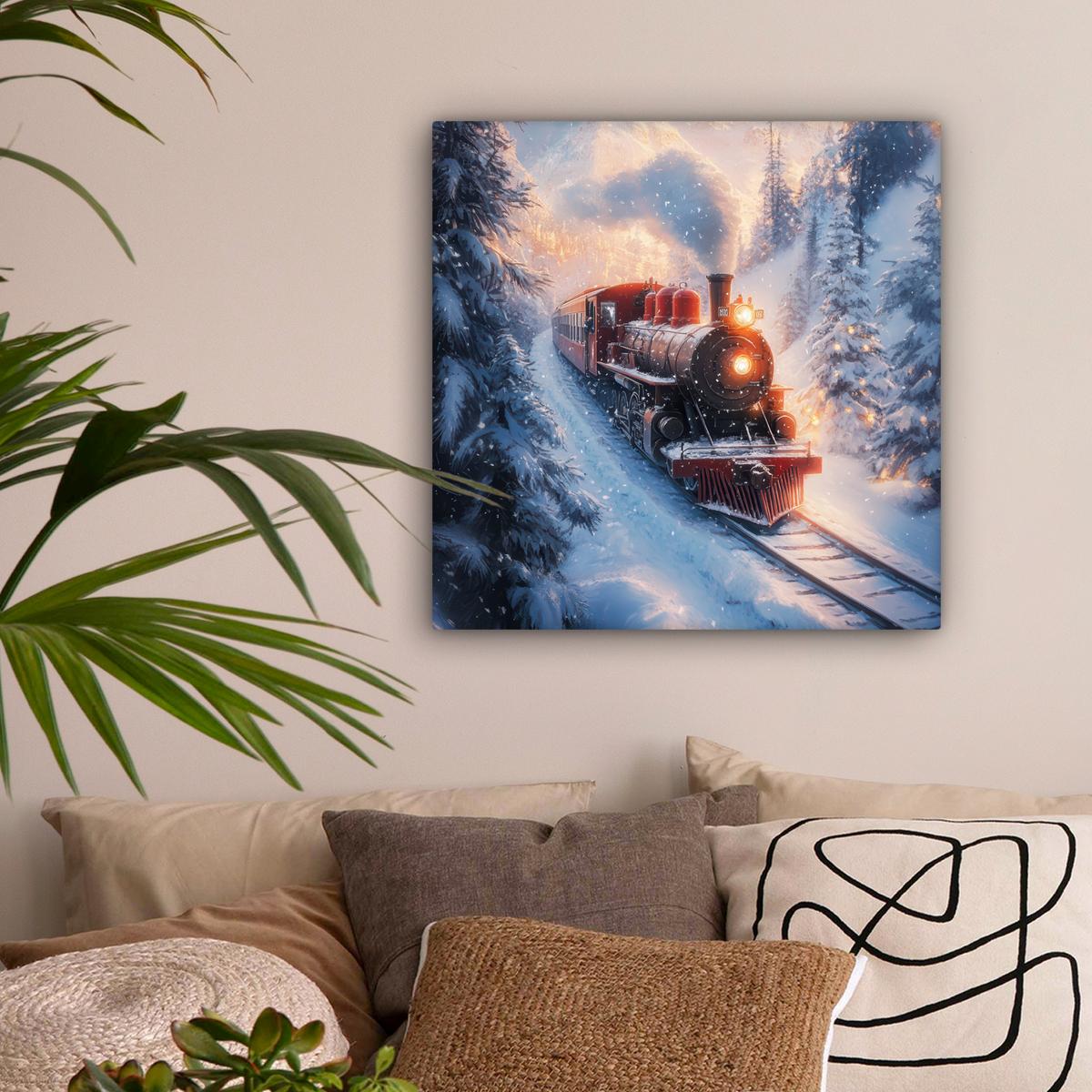 LEINWANDBILD Weihnachtszug - Schnee - Winter - Weihnachten Wandbild Wohnzimmer 50x50 cm - Dunkelrot, Textil (50/50cm) - MuchoWow