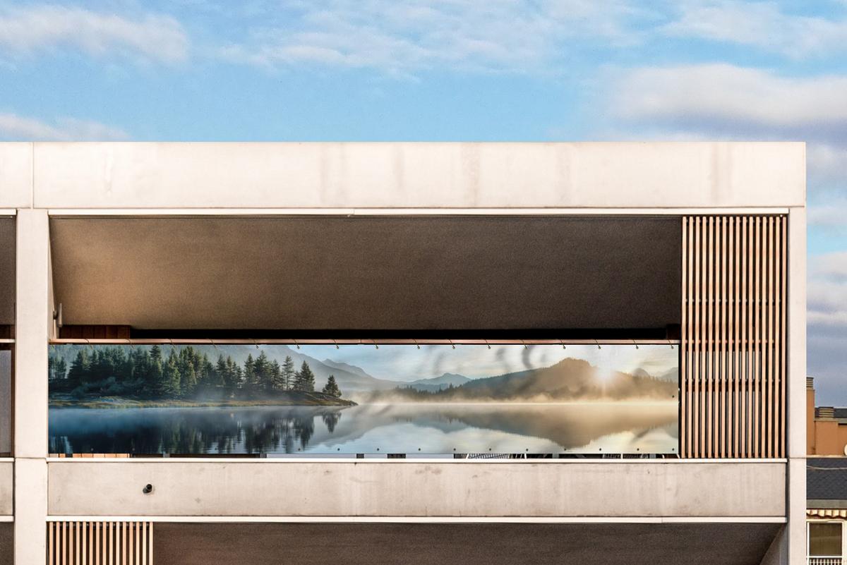 BALKON-SICHTSCHUTZ See - Nebel - Berge - Landschaft Balkon Deko 500x75 cm - Hellblau, Kunststoff (500/75cm) - MuchoWow