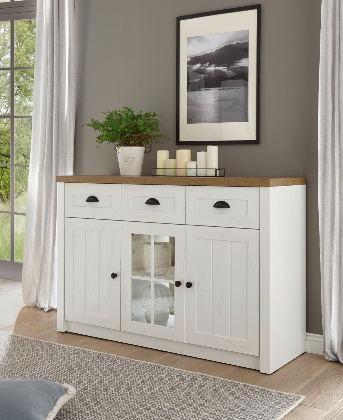 SIDEBOARD weiß Pinie, Eiche hell Landhaus, Kommode 130 x 86 cm - Eichefarben/Schwarz, Holzwerkstoff/Metall (130/86/43cm) - Furn.Design