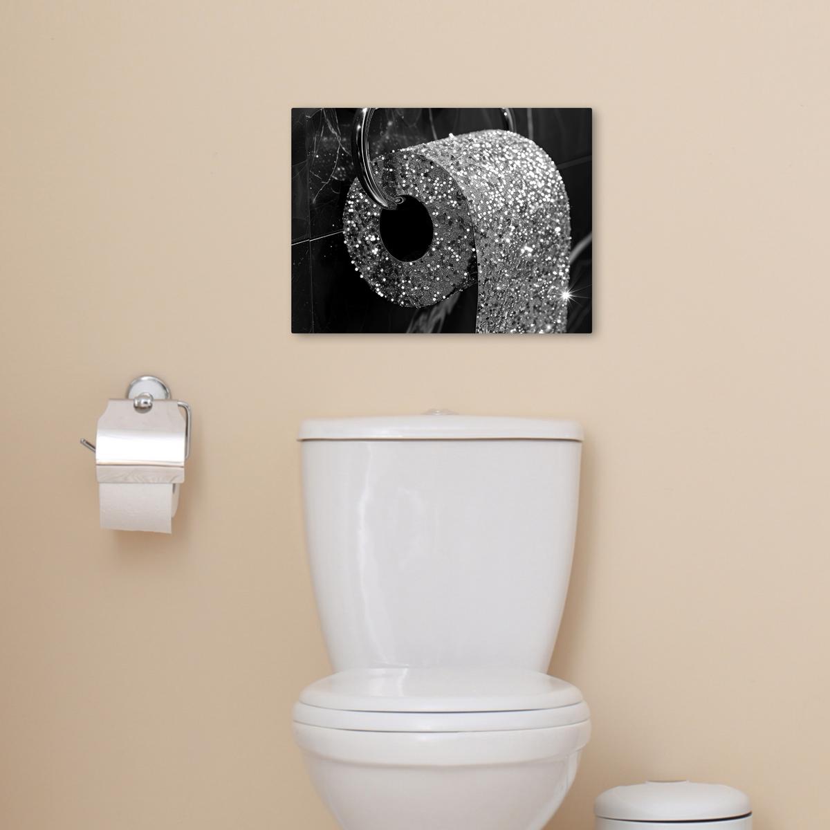 LEINWANDBILD WC - Toilettenpapier - Schwarz und weiß - Glitter Wandbild 40x30 cm - Silberfarben, Textil (40/30cm) - MuchoWow