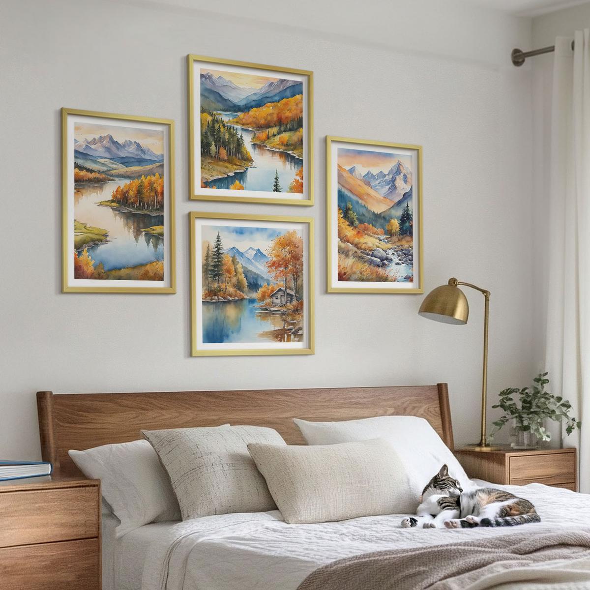 BILDER SET 4er Set - 50x50 cm & 40x60 cm Goldrahmen - Bergblick, Fluss, Herbst - Goldfarben, Kunststoff (50/50cm) - TULUP