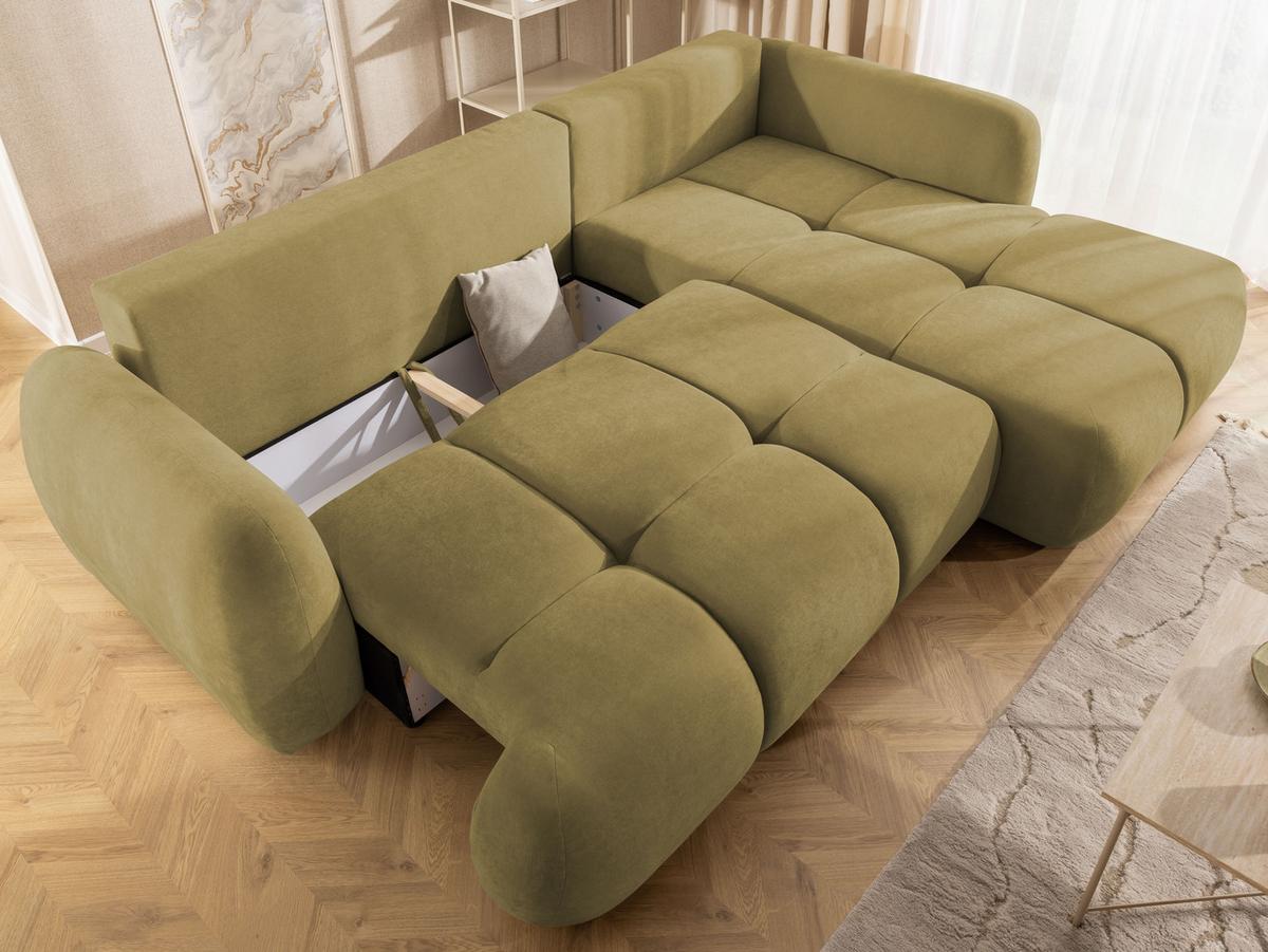 ECKSOFA Loretto aus natürlichem Grün Webstoff mit Schlaffunktion, Bettkasten und tiefen Steppungen in Bubble-Optik - Schwarz/Grün, Holz/Kunststoff (275/180cm) - S-Style
