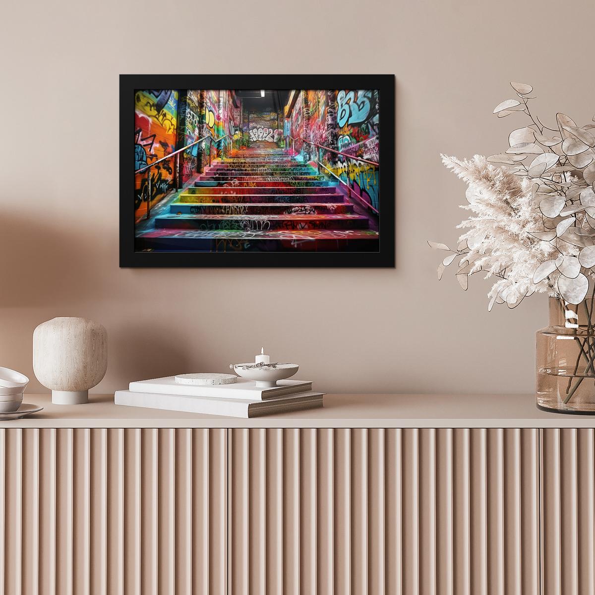 POSTER MIT RAHMENGERAHMTES BILD Treppe - Graffiti - Farben - Kunst 30x20 cm - Multicolor, Papier (30/20cm) - MuchoWow