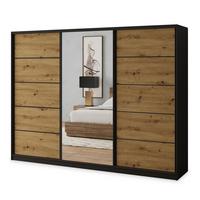 SCHWEBETÜRENSCHRANK NATA 235/205/58 cm 3-türig mit Spiegel und Schubladen Schwarz / Eiche Artisan - Schwarz/Eiche Artisan, Holzwerkstoff (235/205/58cm) - MASSENO