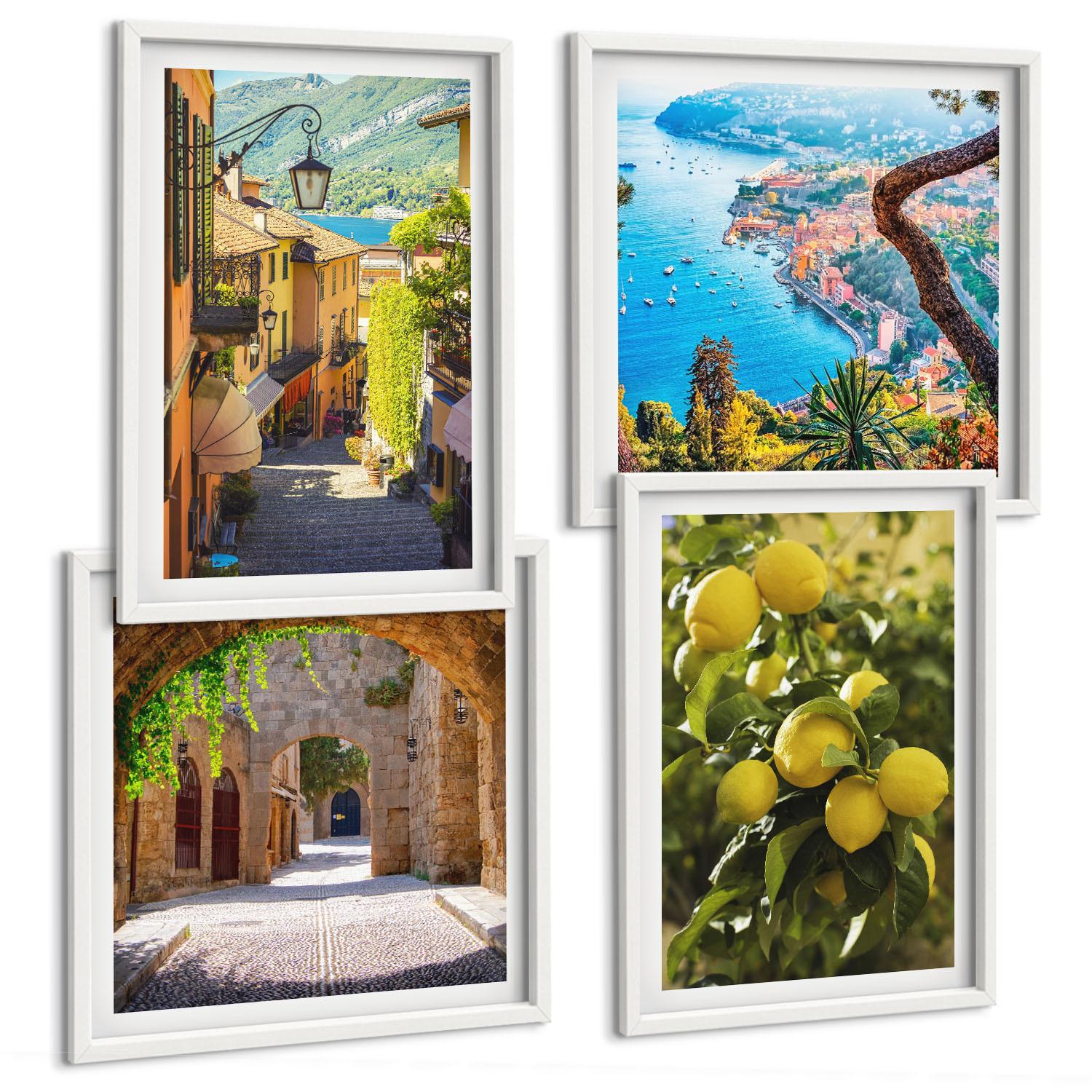 BILDER SET 4er Set - 50x50 cm & 40x60 cm Weißer Rahmen - Straßen am Meer, ein Meer aus Zitronen - Weiß, Kunststoff (50/50cm) - TULUP