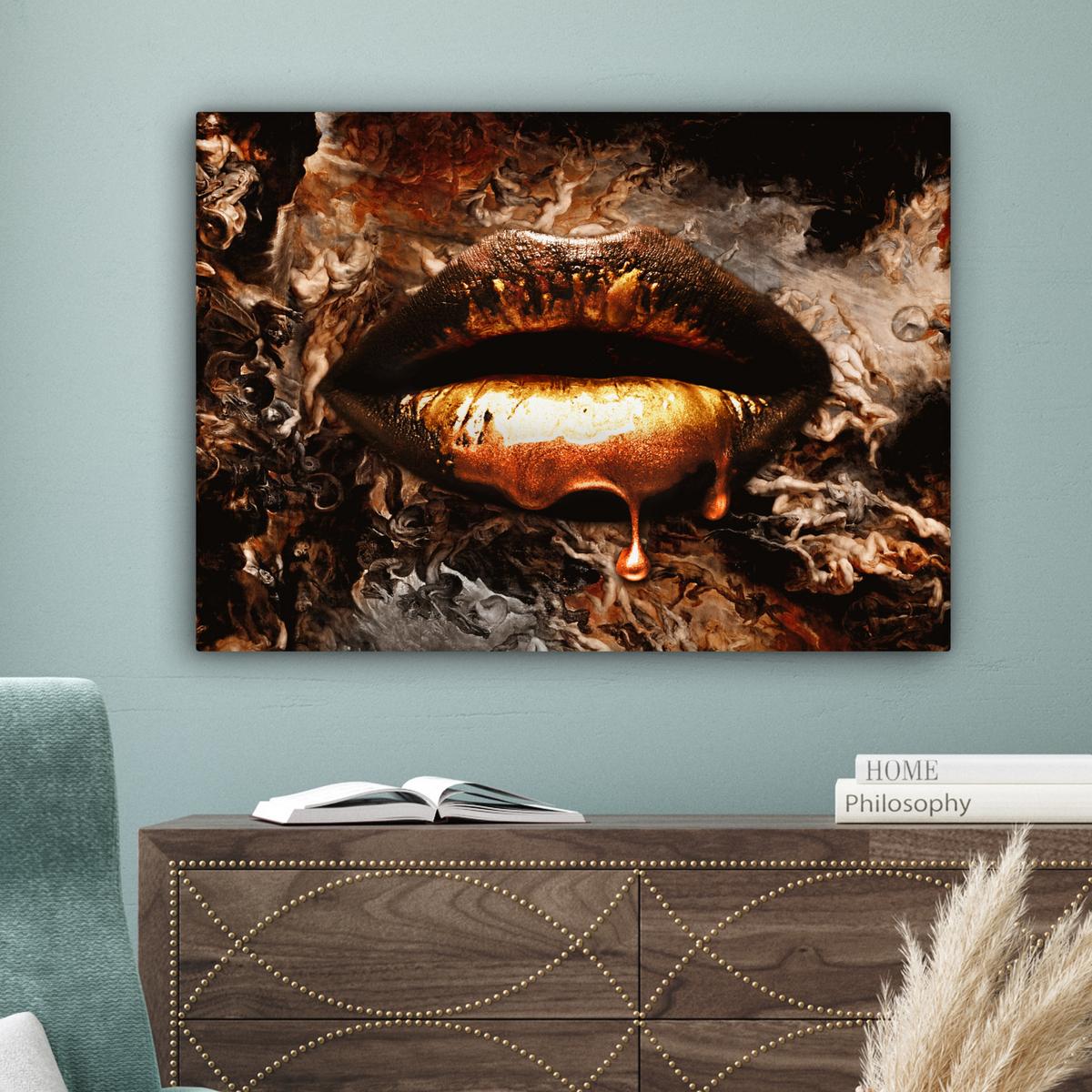 LEINWANDBILD Gold - Lippen - Kunst - Gold - Luxus - Abstrakt Wandbilder 80x60 cm - Kupferfarben, Textil (80/60cm) - MuchoWow
