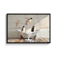 POSTER MIT RAHMENGERAHMTES BILD Vintage - Pinguin - Badewanne - Schaumstoff 120x80 cm - Schwarz, Papier (120/80cm) - MuchoWow