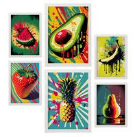 POSTER Set Mit 6 Tropische Früchte Vollfarbige Plakate Von Obst, Gemüse Und Gesunden Lebensmitteln Im Urban Art Stil A3 & A4 Weißer Rahmen - Weiß, Papier (29/3cm) - Nacnic