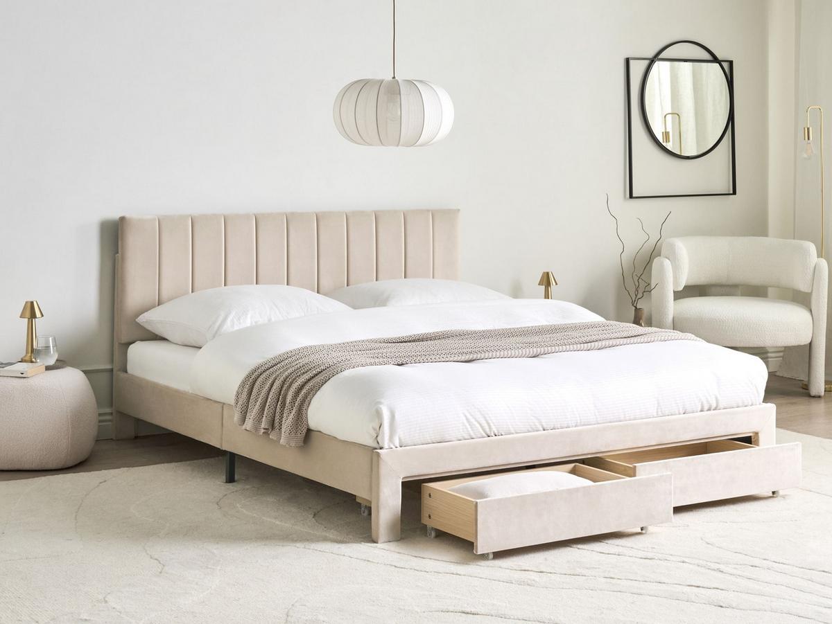 BETT mit Schubladen 160/200 cm Samtstoff Beige Lonzac - Beige, Textil (160/200cm) - Beliani