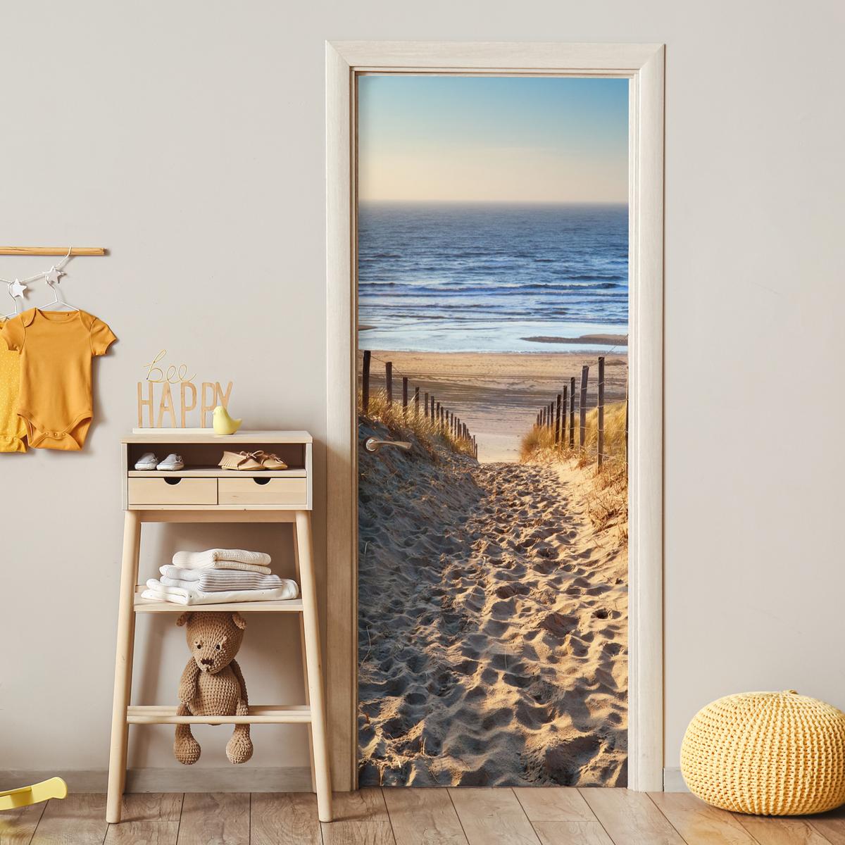TÜRAUFKLEBER Strand - Meer - Niederlande - Dünen - Sonne 90x235 cm - Türtapete - Blau, Kunststoff (90/0.1cm) - MuchoWow