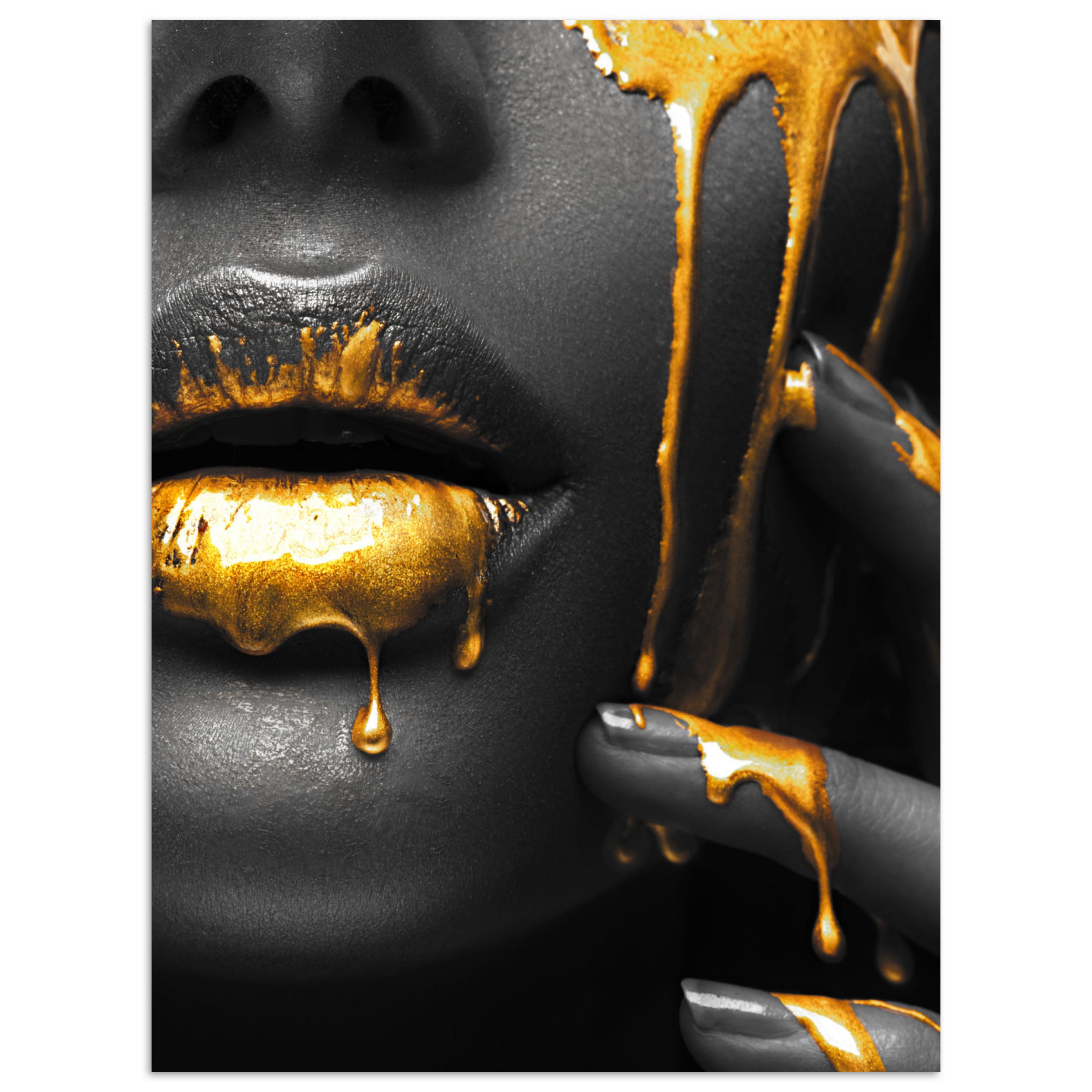 POSTER Frau - Schwarz - Gold - Gesicht - Lippen Deko Wohnzimmer 60x80 cm - Goldfarben, Papier (60/80/0.1cm) - MuchoWow