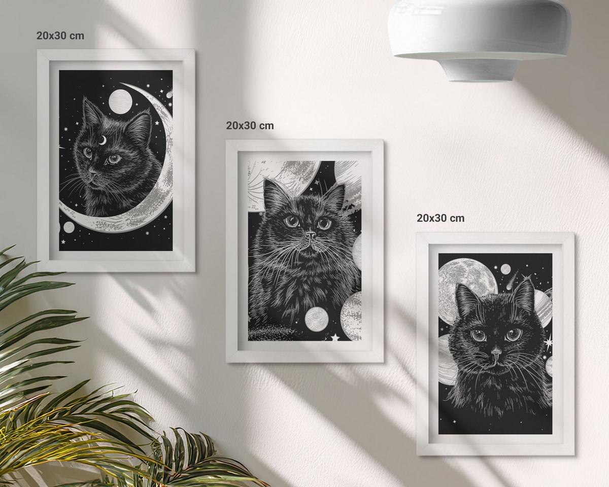 BILDER SET 3er Set - 20x30 cm Weißer Rahmen - Schwarze Katzen, Mond, Weltraum - Weiß, Kunststoff (20/30cm) - TULUP
