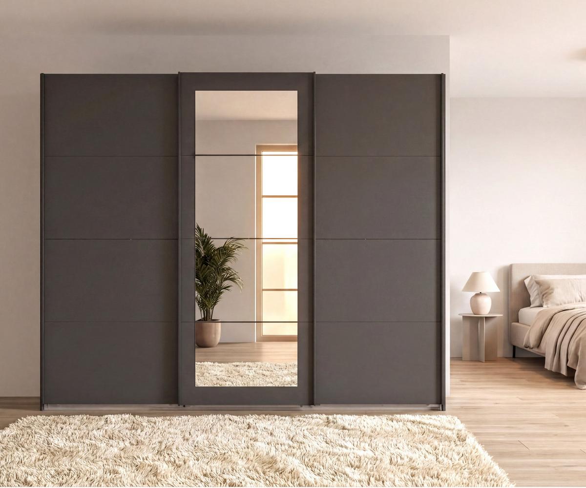SCHWEBETÜRENSCHRANK 3-türig B270/H208/64 cm Kleiderschrank in Grafit, mittig Spiegel, Griffe Schwarz / 22630 - Graphitfarben/Schwarz, Holzwerkstoff/Metall (270/208/64cm) - luma-home