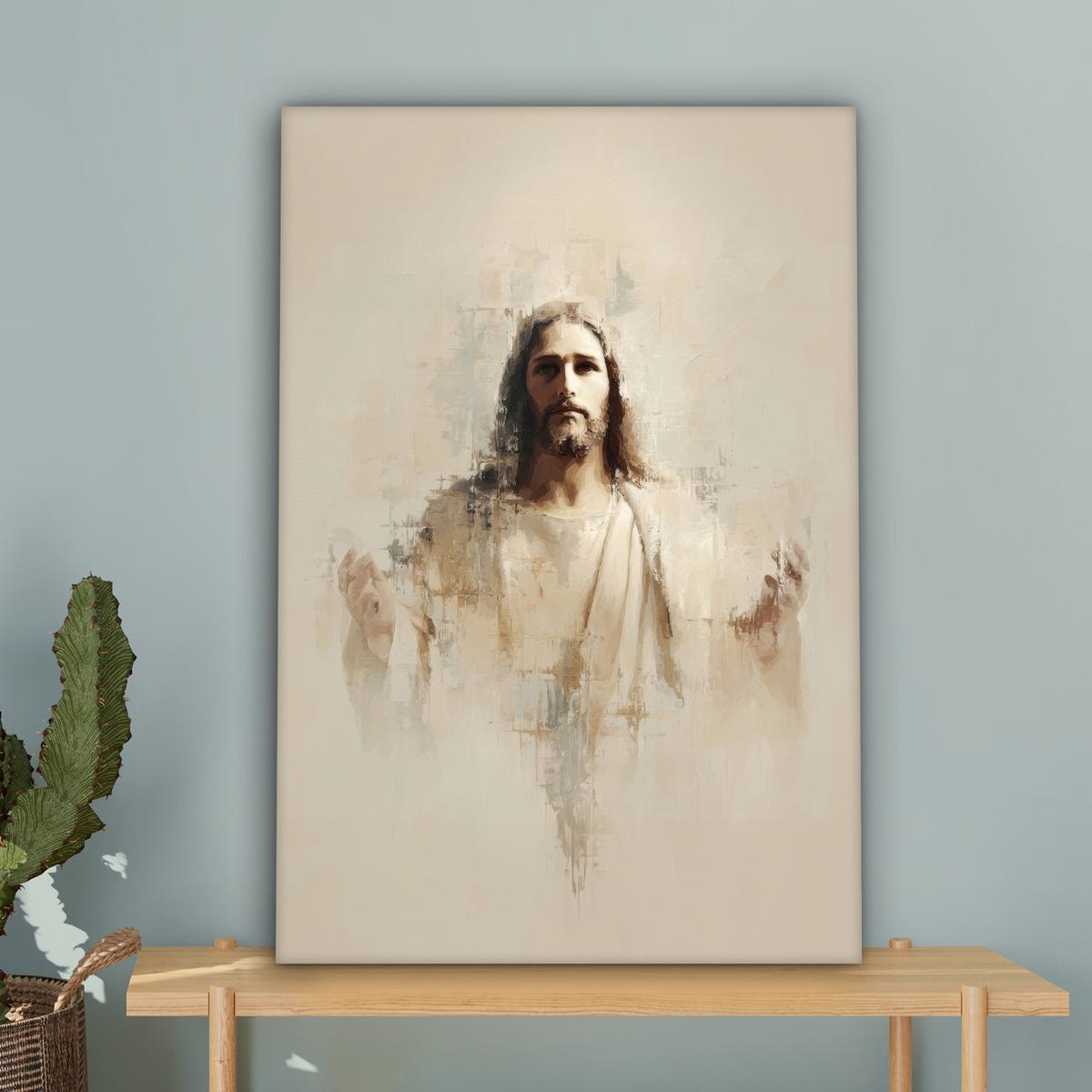 LEINWANDBILD Porträt - Abstrakt - Jesus - Beige Wanddeko Schlafzimmer 60x90 cm - Beige, Textil (60/90cm) - MuchoWow