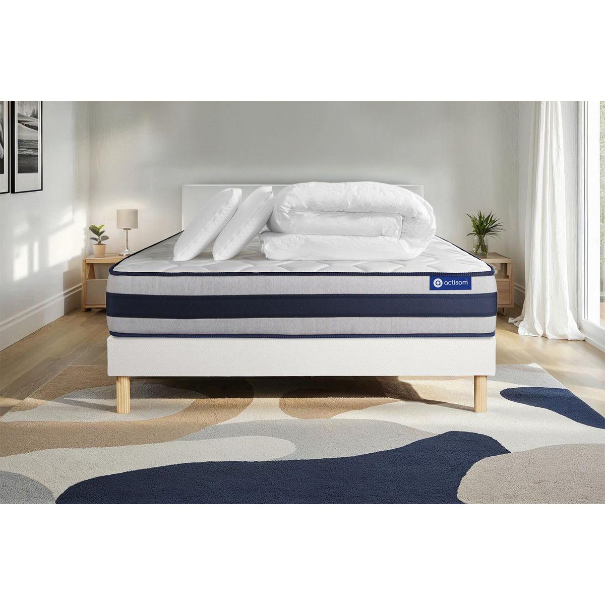 BETT Actilatex ergo Latex und Memory-Schaum 140 x 190 cm h3 - Kit Bettgestell Weiß - Mit Kissen und Bettdecke - Beige/Weiß, Karton/Holz (140/190cm) - ACTISOM