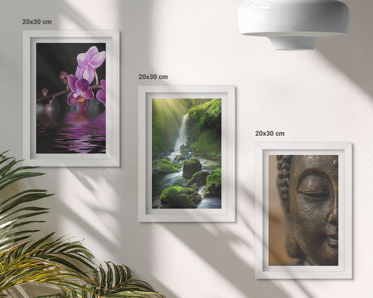 BILDER SET 3er Set - 20x30 cm Weißer Rahmen - Blumen, Wasserfall, Buddha-Felsen, Zen - Weiß, Kunststoff (20/30cm) - TULUP