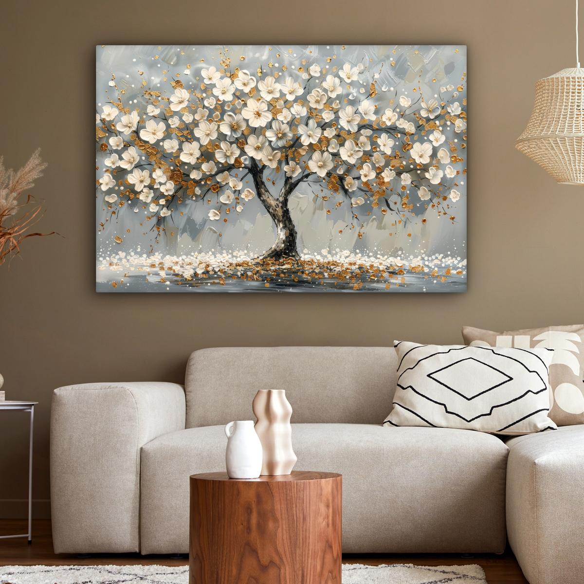 LEINWANDBILD Baum - Blumen - Weiß - Natur - Kunst Groß 140x90 cm - Weiß, Textil (140/90cm) - MuchoWow