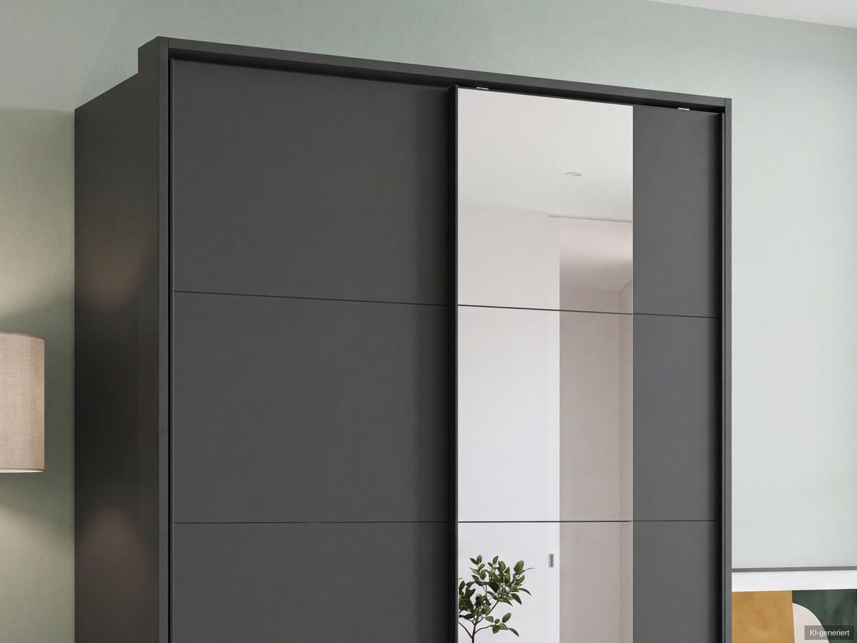 SCHWEBETÜRENSCHRANK 2-türig B138/H200/T65 cm, Passepartout-Kleiderschrank in Grafit mit sichtbaren Schubkästen & Spiegel / 22686 - Graphitfarben/Schwarz, Holz/Holzwerkstoff (138/200/65cm) - luma-home