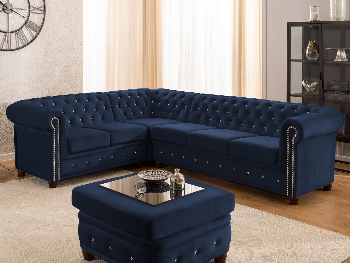 ECKSOFA Chesterfield Cleo Blink Marineblau Samt mit Kristallsteppung und braunen Massivholzfüßen - Ottomane Links - Blau/Braun, Holz/Textil (264/210cm) - S-Style