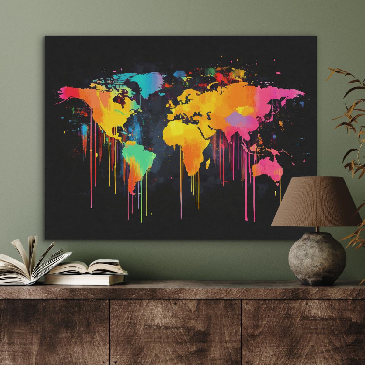 AKUSTIKBILD Weltkarte - Farbe - Bunt - Graffiti - Welt Gemälde 80x60 cm - Multicolor, Textil (80/60/0.9cm) - MuchoWow