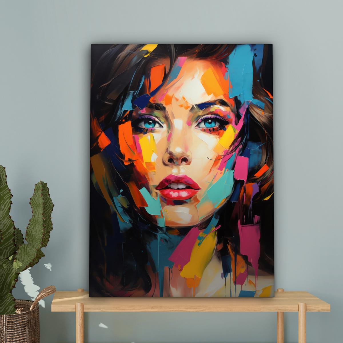 LEINWANDBILD Frau - Porträt - Farbenfroh - Kunst Wandbild Wohnzimmer 60x80 cm - Multicolor, Textil (60/80cm) - MuchoWow
