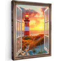 LEINWANDBILD Aussicht - Fenster - Leuchtturm - Sonnenuntergang - Strand Room Decor 30x40 cm - Dunkelorange, Textil (30/40cm) - MuchoWow
