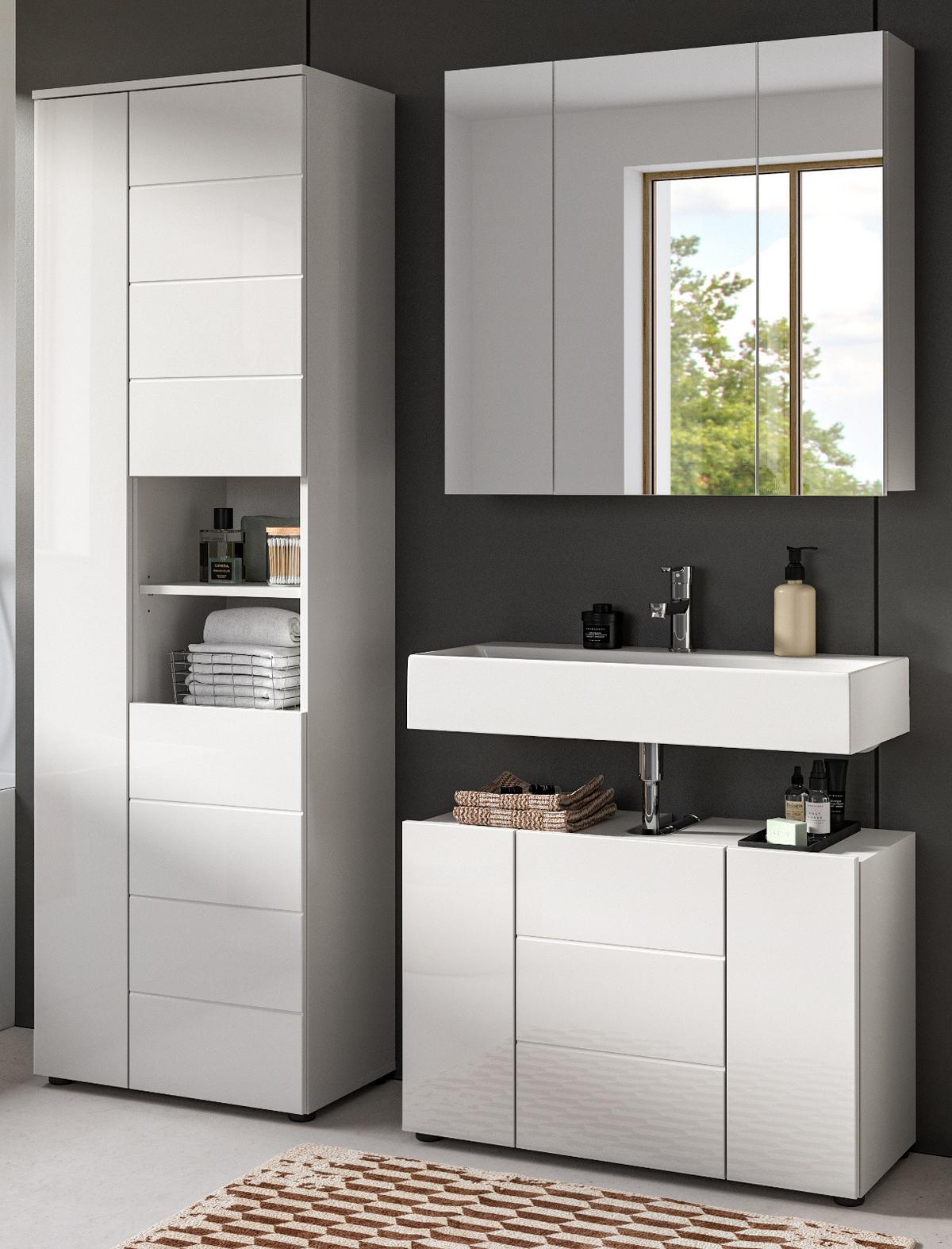 BADSCHRANK weiß Hochglanz 60 x 190 cm, Hochschrank mit 11 Fächern - Weiß Hochglanz/Schwarz, Holzwerkstoff/Kunststoff (60/190/34cm) - Inn.Furn