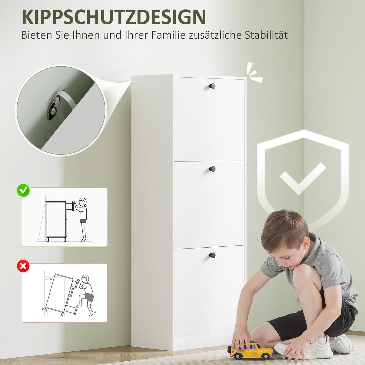 SCHUHSCHRANK mit 3 Klappen, 47 x 26 x 120 cm, Weiß - Weiß, Holzwerkstoff (26/120/47cm) - HOMCOM