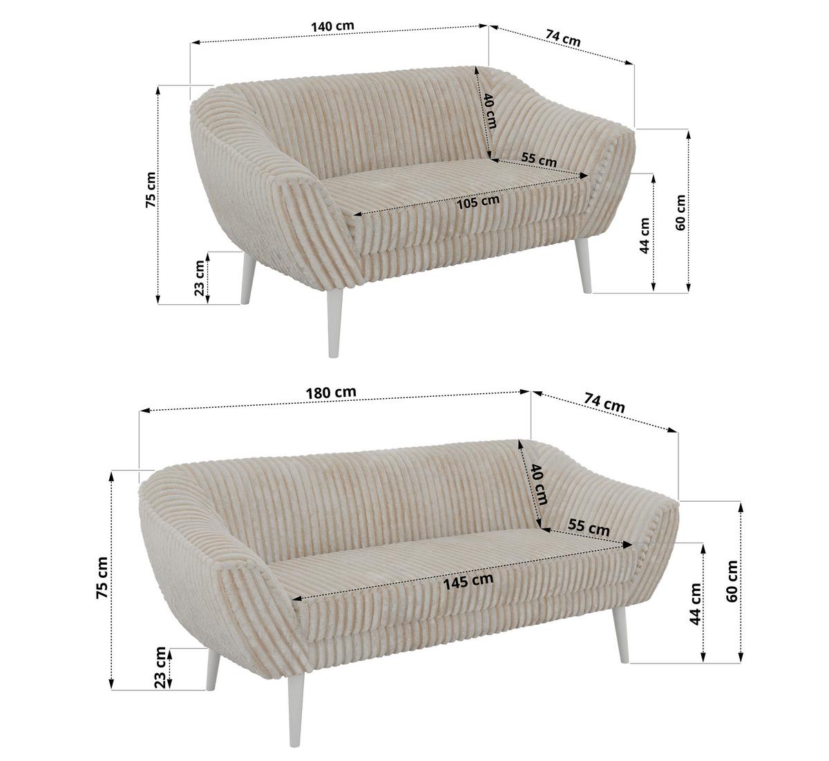 SITZGARNITUR PIRS 3+2 - Beige Cord - Weiße Beine - Beige/Creme, Holzwerkstoff/Textil (180/75/74cm) - MKS