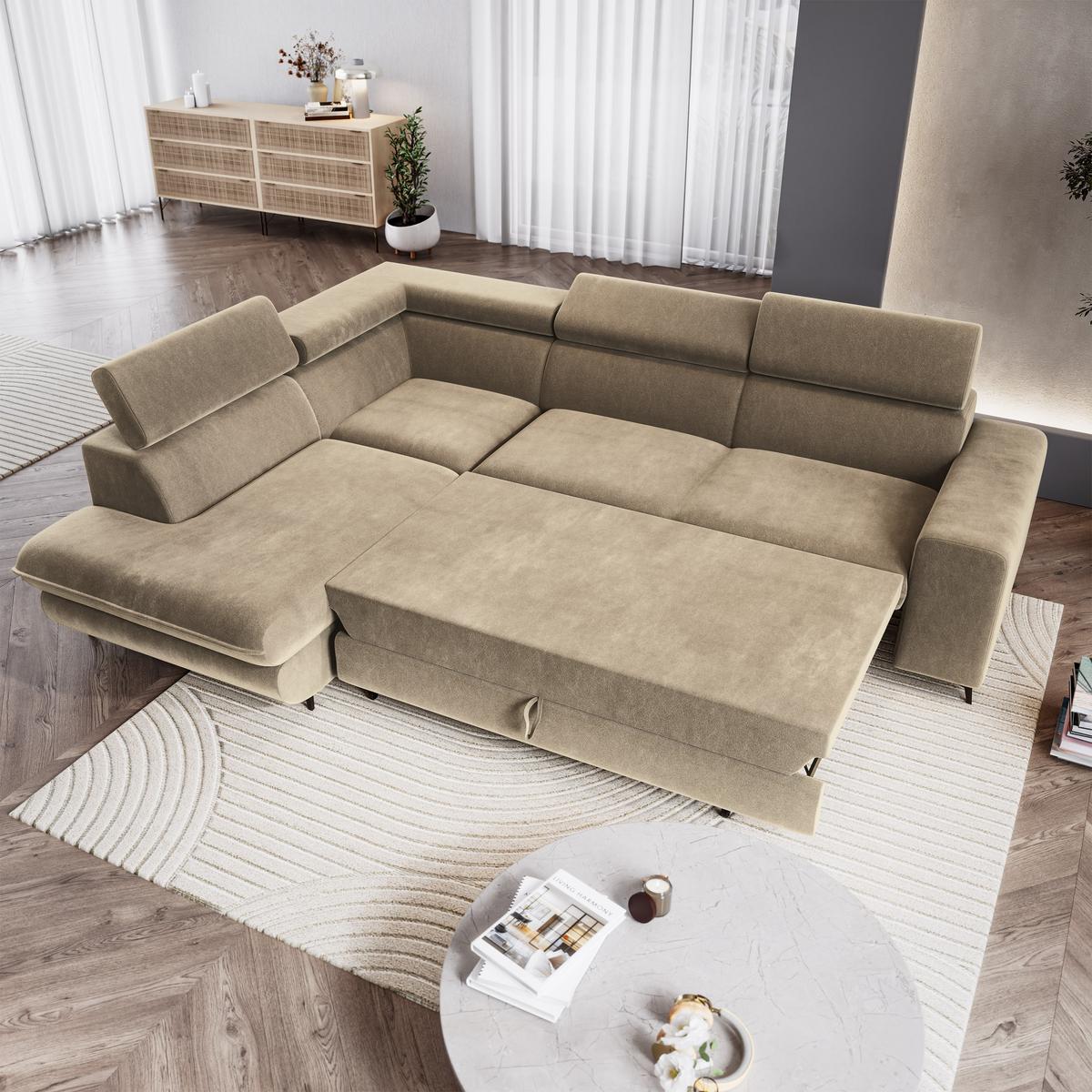 ECKSOFA VELISS Beige Veloursstoff mit Schlaffunktion - Beige, Holz (255/193cm) - MASSENO