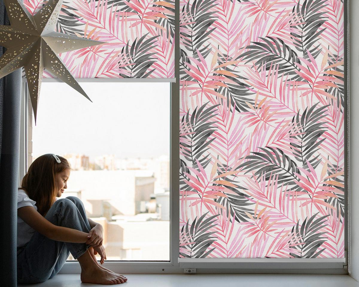INNENROLLO - Fensterrollo - Rollo - 80x180 cm - Rosa und schwarze Blätter - Pink, Kunststoff (80/180/0.5cm) - TULUP