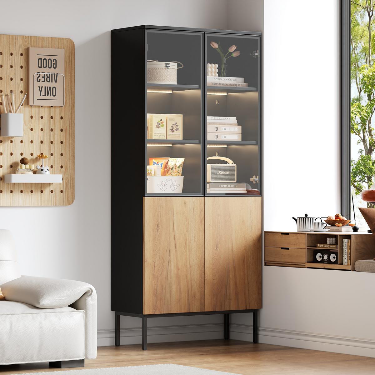 VITRINE mit Glastüren Schwarz und Eiche - Schwarz/Braun, Holzwerkstoff (31/180/74cm) - Urban Meuble