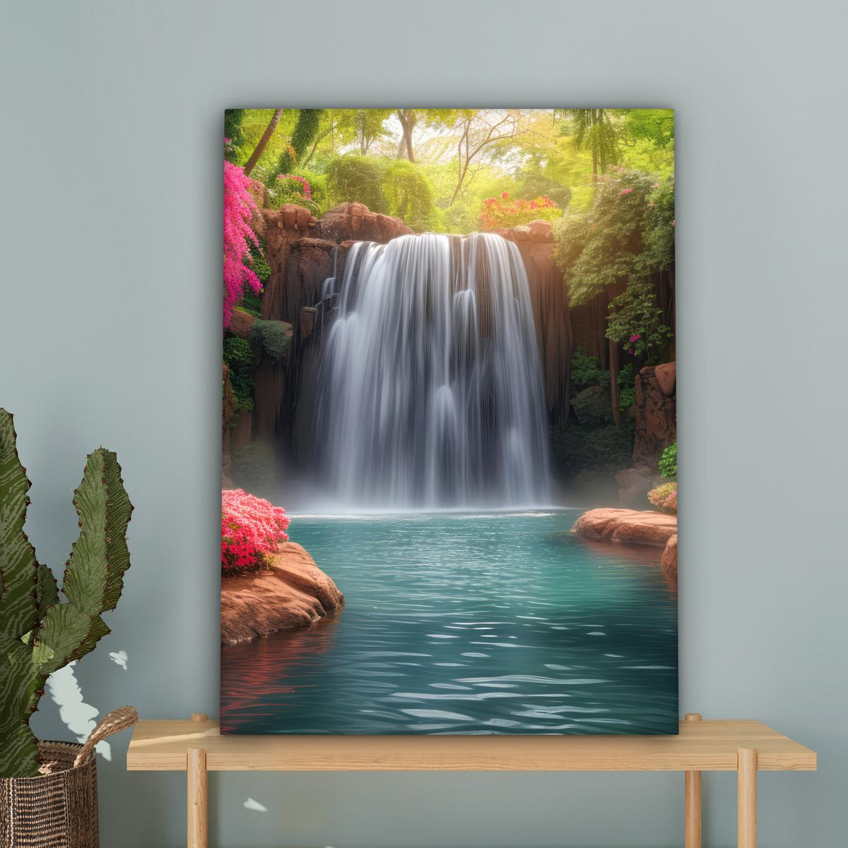 LEINWANDBILD Wasserfall - Natur - Pflanzen - Dschungel - Wasser Wandbild Wohnzimmer 60x80 cm - Grün, Textil (60/80cm) - MuchoWow