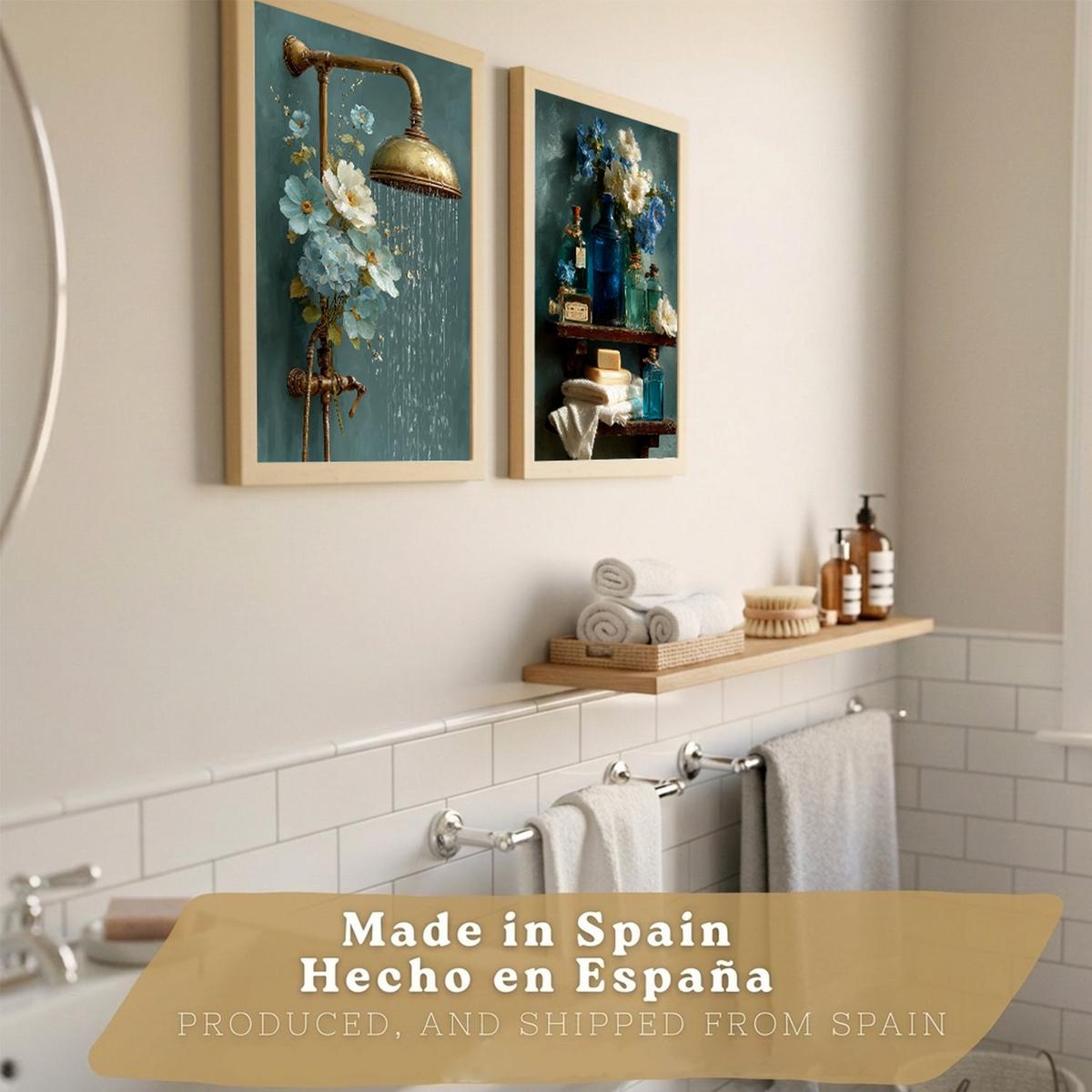 POSTER 2er-Set dekorative Badezimmer-Wandbilder, ästhetische Dusche und WC, moderne Badezimmerdekoration mit Blumen Flaschen und Dusche Rahmenlos A4 - Klar, Papier (29.7/21/3cm) - Nacnic
