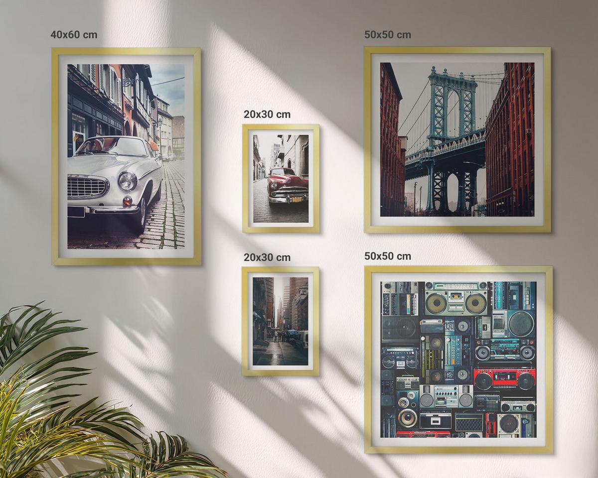 BILDER SET 5er Set - 50x50 cm & 20x30 cm & 40x60 cm Goldrahmen - Old Cars Brooklyn Retro-Audio - Goldfarben, Kunststoff (40/60cm) - TULUP