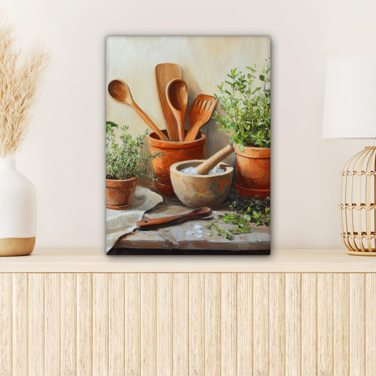 LEINWANDBILD Töpfe - Kräuter - Holz Room Decor 30x40 cm - Terracotta, Textil (30/40cm) - MuchoWow