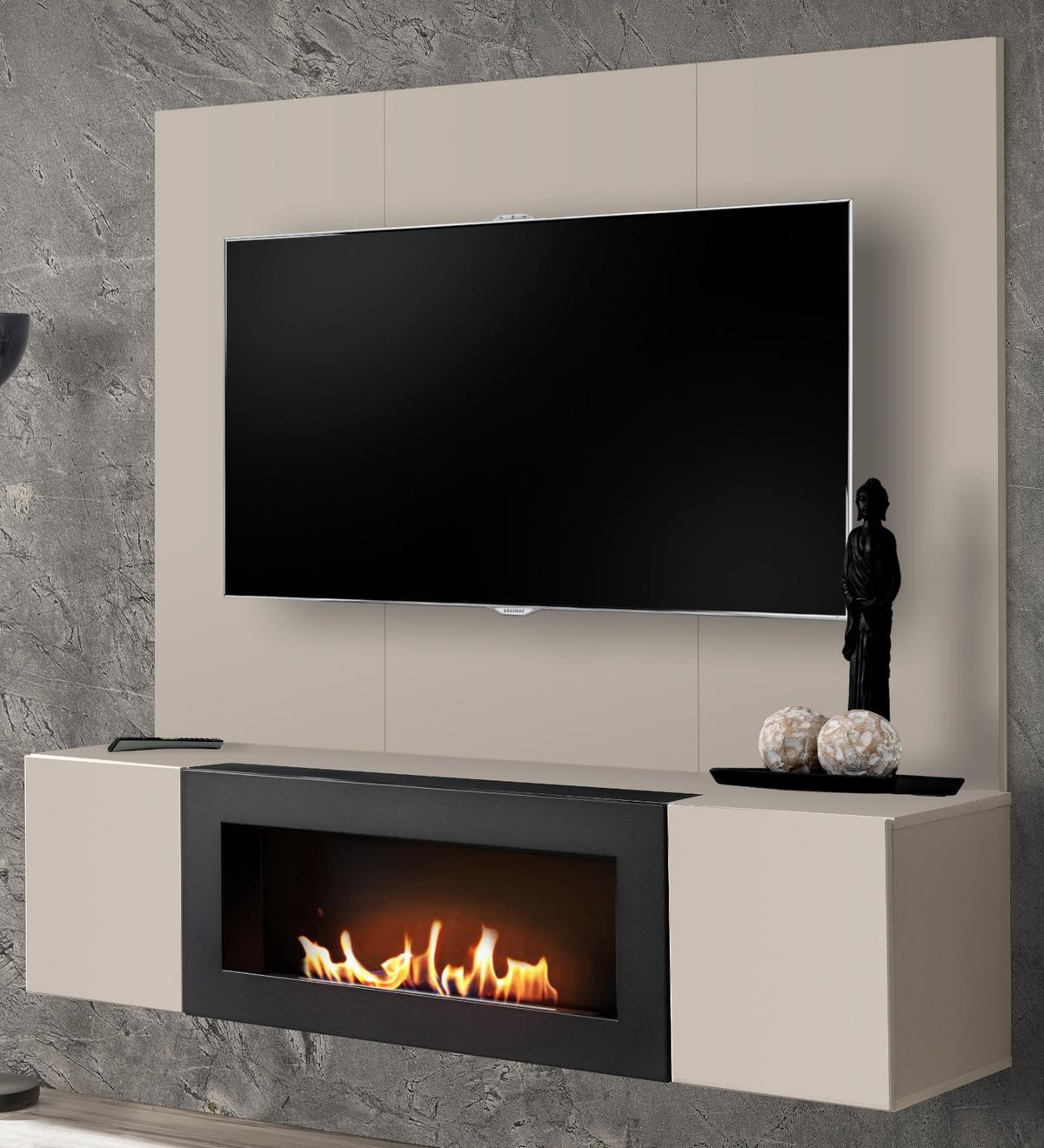 TV-LOWBOARD Kaschmir 160 cm hängend, Set inklusive Ethanol Kamin und Wandpaneel - Kaschmir, Holzwerkstoff (160/158/40cm) - Inn.Furn