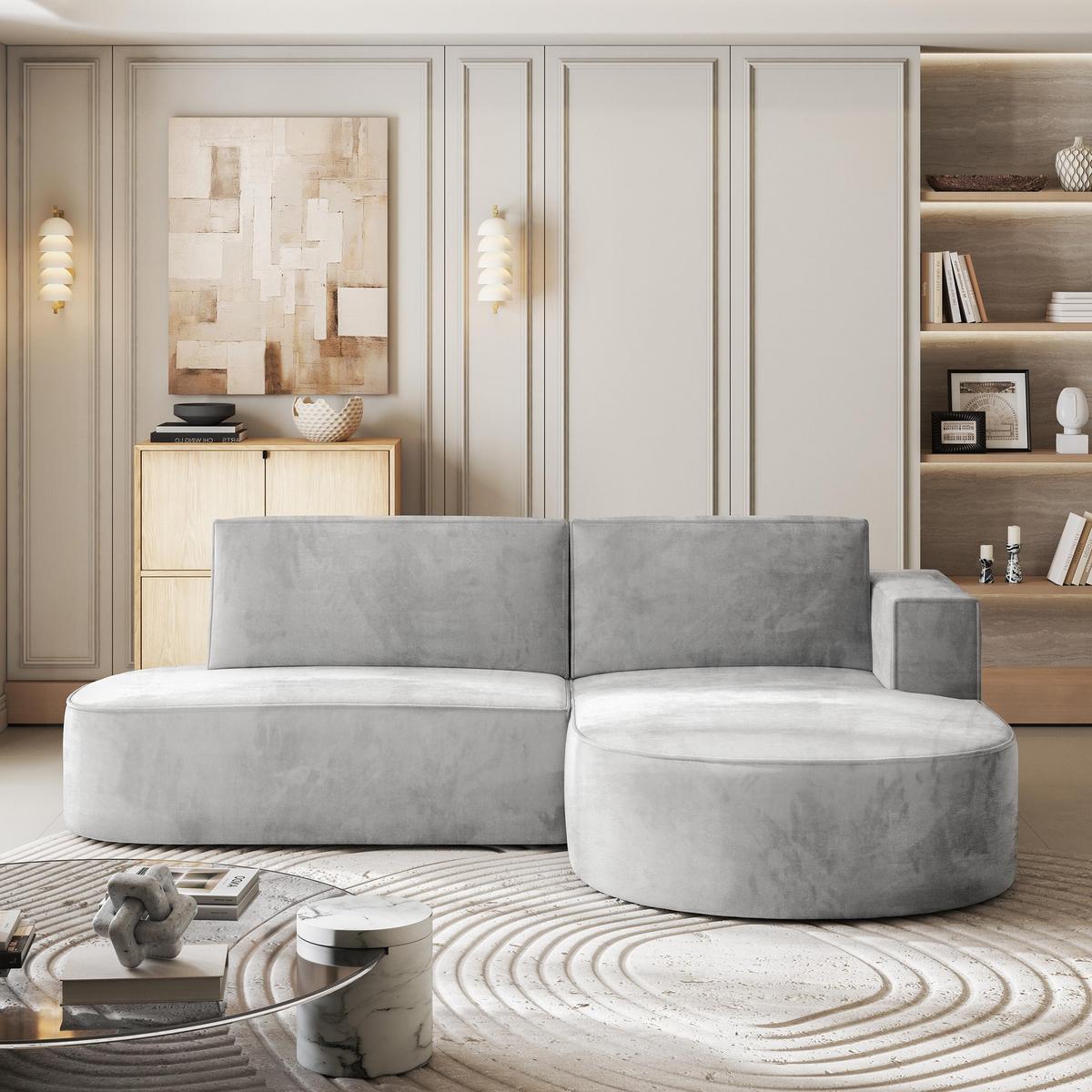 ECKSOFA CORTIO M R-S Hellgrau Velours-Stoff mit Schlaffunktion - Hellgrau/Grau, Holz/Kunststoff (265/174cm) - MASSENO