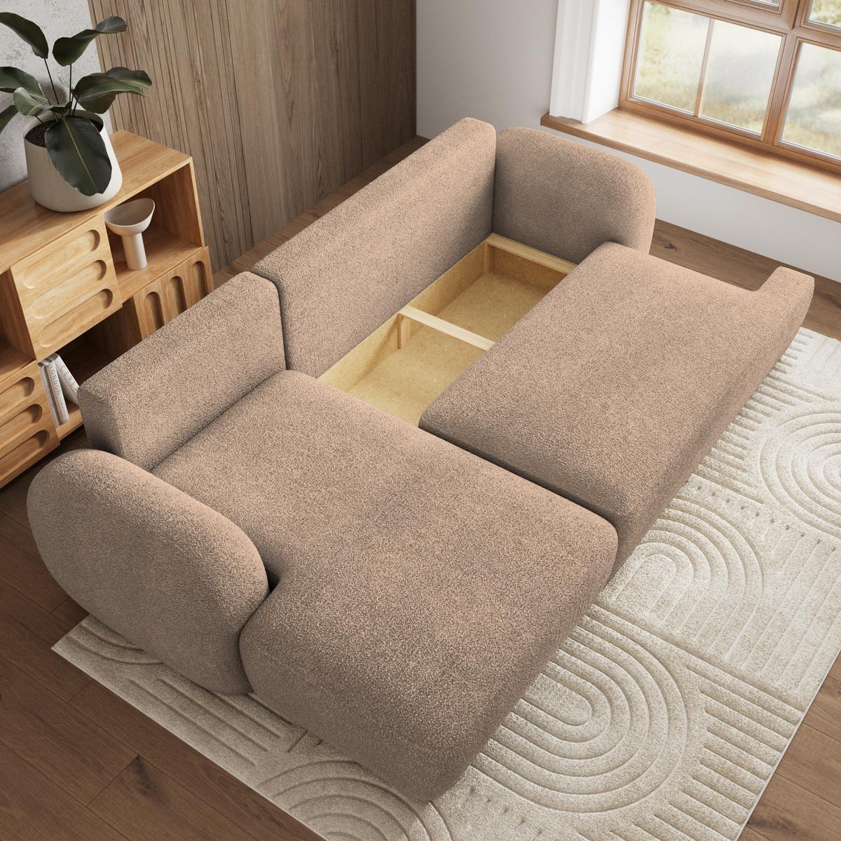 ECKSOFA MODENZA N L-S Beige Boucle-Stoff mit Schlaffunktion - Beige/Schwarz, Holz/Kunststoff (266/148cm) - MASSENO