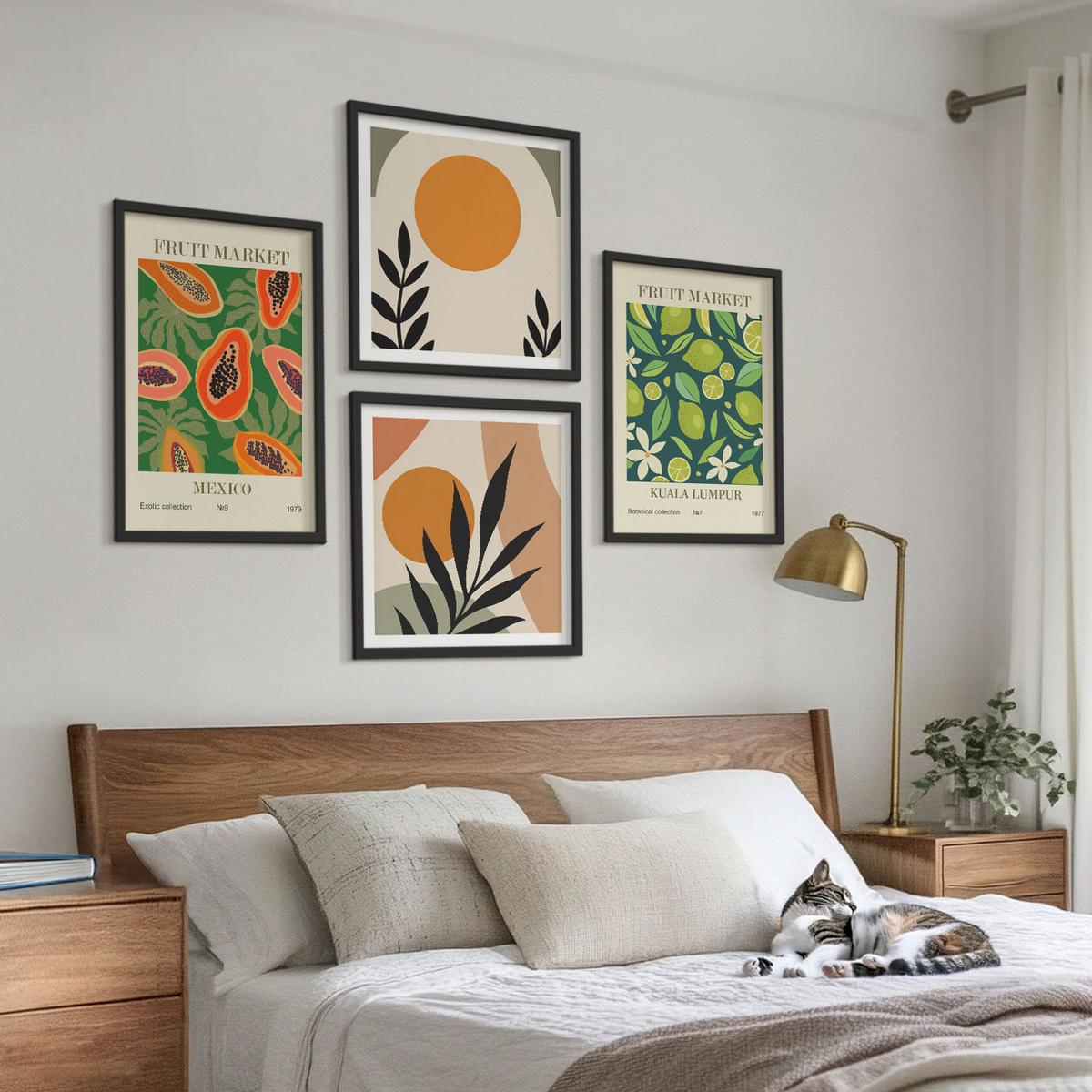 BILDER SET 4er Set - 50x50 cm & 40x60 cm Schwarzer Rahmen - Boho-Papaya-Fruchtmuster - Schwarz, Kunststoff (50/50cm) - TULUP