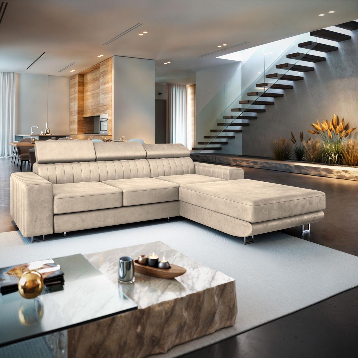 ECKSOFA NOTO R-S Creme Velours-Stoff mit Schlaffunktion - Silberfarben/Creme, Holz/Textil (267/190cm) - MASSENO