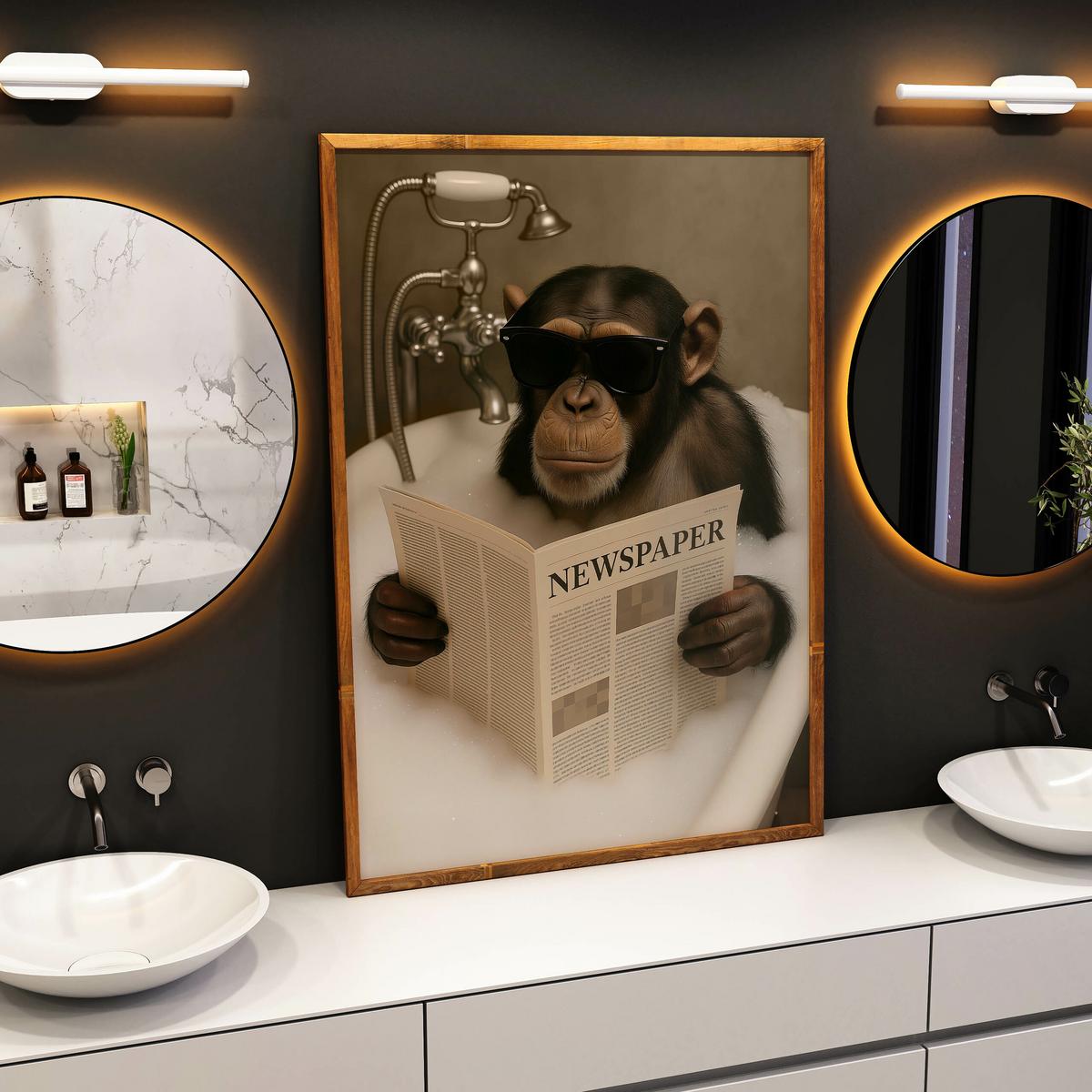 POSTER für Badezimmer WC SCHIMPANSE in Badewanne Affe mit Zeitung Abstraktion 50x70cm - Beige/Schwarz, Papier (50/70/70cm) - Muralo