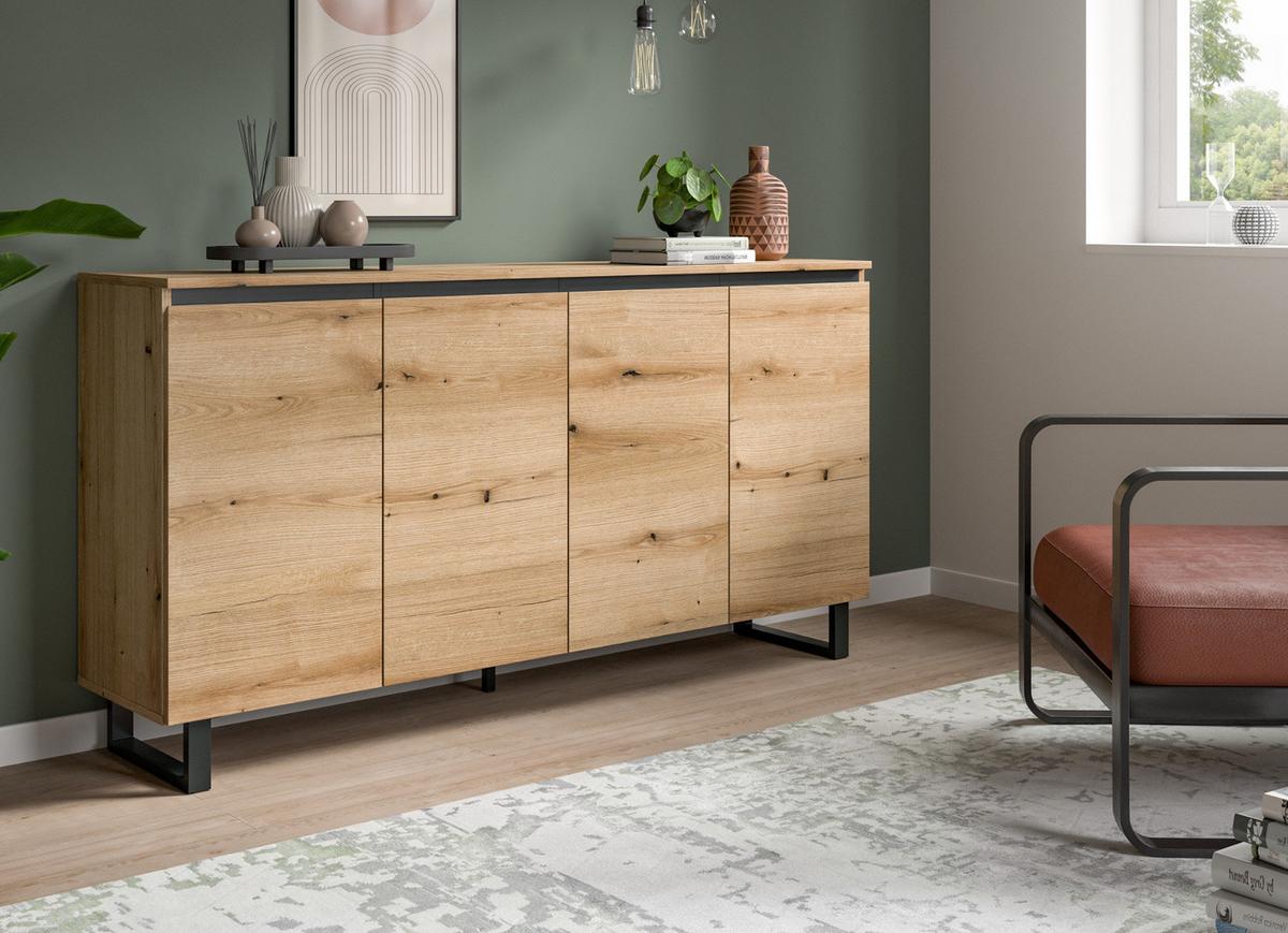 SIDEBOARD Evoke Eiche mit schwarz, Kommode 4-türig 160 x 84 cm mit Soft-Close - Eichefarben/Schwarz, Holz/Holzwerkstoff (160/84/36cm) - Inn.Furn
