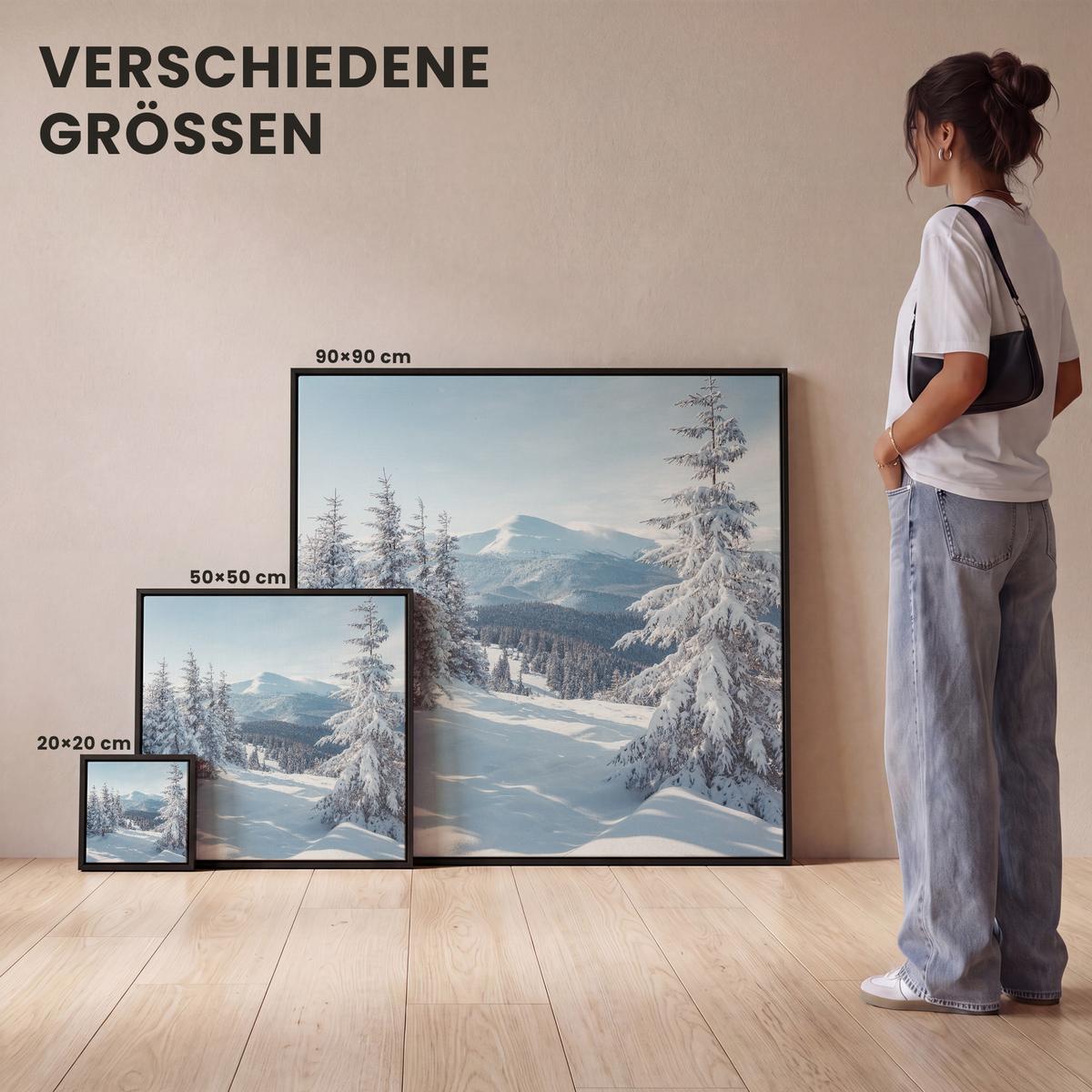 LEINWAND Bilder mit Rahmen - Winterlandschaft - Natur - Berge - Bäume - Schnee - 20x20 - Hellblau, Textil (20/20cm) - MuchoWow