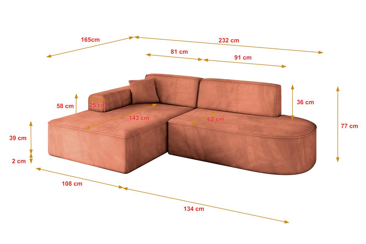 ECKSOFA Ottomane Links IREA-L1-v3 - 232x165x77 cm Apricot - Koralle, Holzwerkstoff/Textil (232/165cm) - ALTDECOR